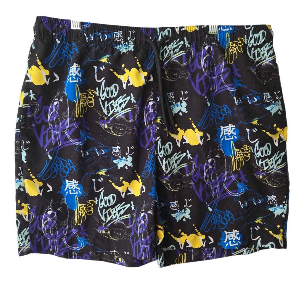WXYZ MFG CO Mens Black Graffiti Anime‎ Print Swim Trunks Mesh Lined Medium